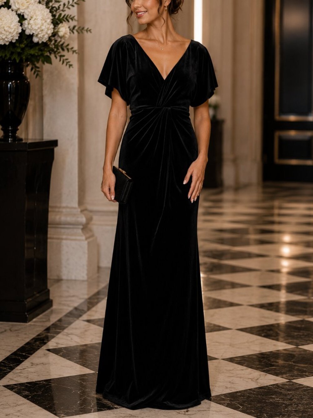 Revelry Gwen Velvet Gown Black Off Shoulder Flutter Sleeve Formal Dress 12